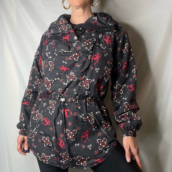 LL Bean Ski pullover anorak jacket shell coat snowflake‎ skiier boho black red S - Picture 12 of 17